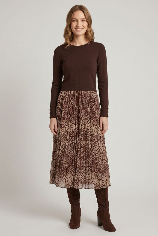 Brown | Animal Print Pleated Midi Dress
