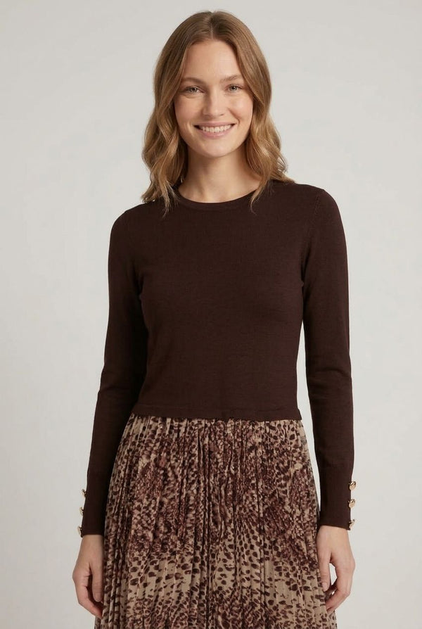 Brown | Animal Print Pleated Midi Dress