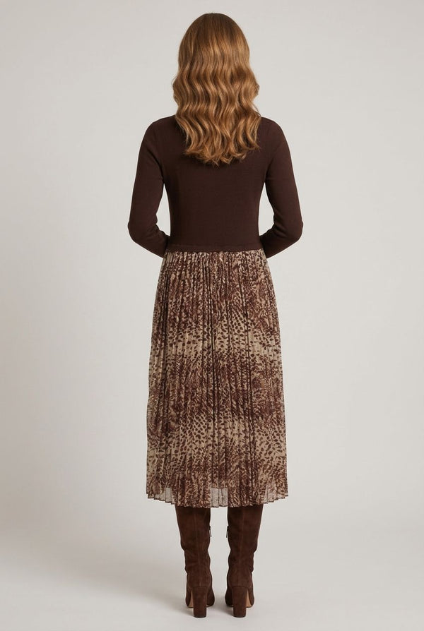 Brown | Animal Print Pleated Midi Dress