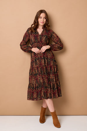 Black | Paisley Tiered Long Sleeve Midi Dress