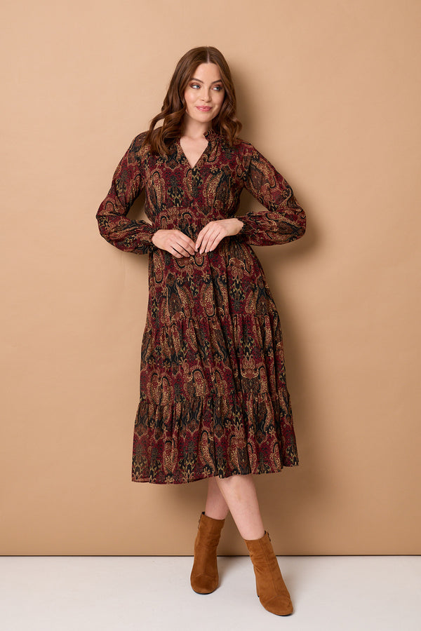 Black | Paisley Tiered Long Sleeve Maxi Dress