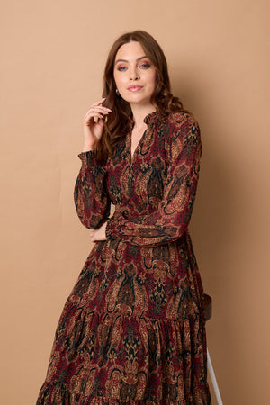 Black | Paisley Tiered Long Sleeve Midi Dress