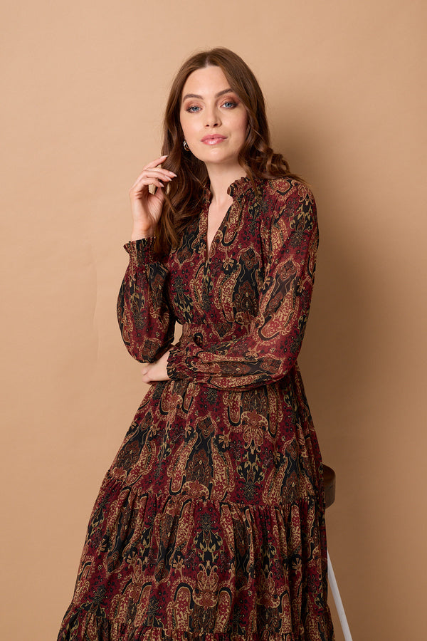 Black | Paisley Tiered Long Sleeve Maxi Dress