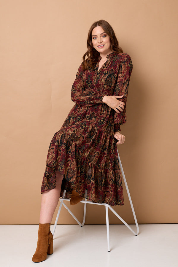 Black | Paisley Tiered Long Sleeve Maxi Dress