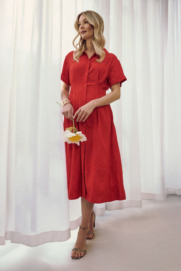 Red | Short Sleeve Flared Midi Shirt Dress : Model is 5'9"/175 cm and wears UK8/EU36/US4/AUS8