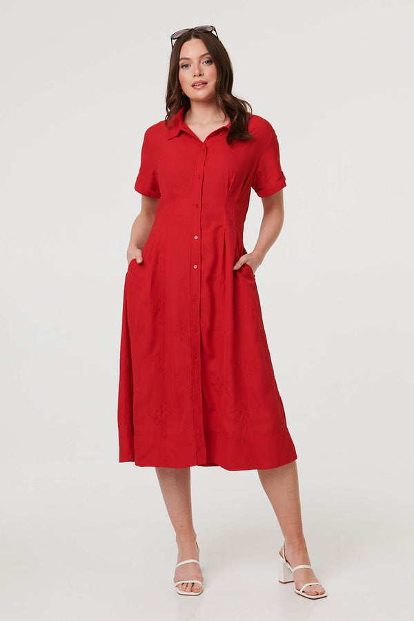 Red | Short Sleeve Flared Midi Shirt Dress : Model is 5'9"/175 cm and wears UK8/EU36/US4/AUS8