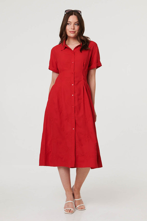 Red | Short Sleeve Flared Midi Shirt Dress