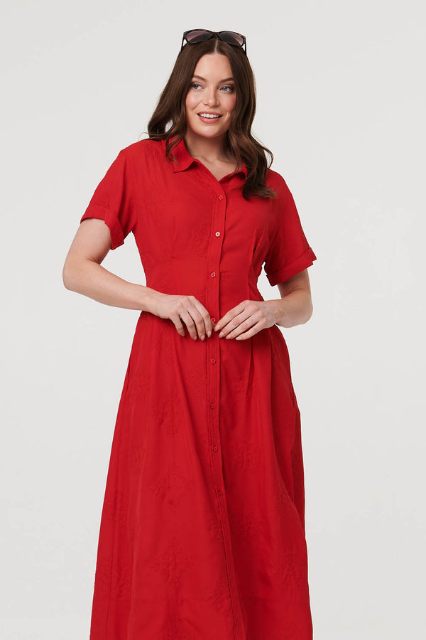 Red | Short Sleeve Flared Midi Shirt Dress
