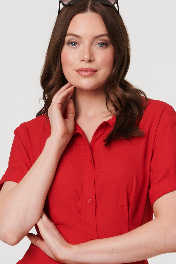 Red | Short Sleeve Flared Midi Shirt Dress
