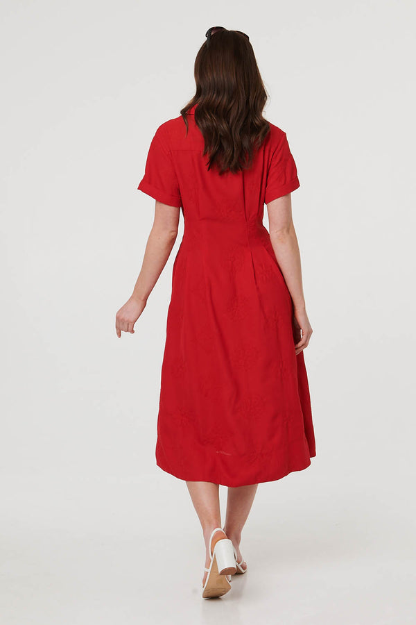 Red | Short Sleeve Flared Midi Shirt Dress