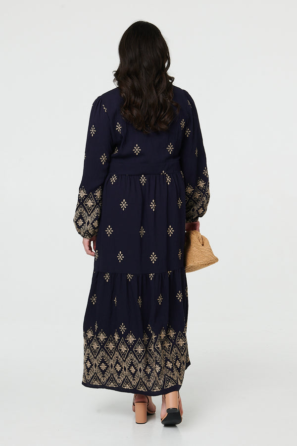 Black | Curve Border Print V-Neck Maxi Dress
