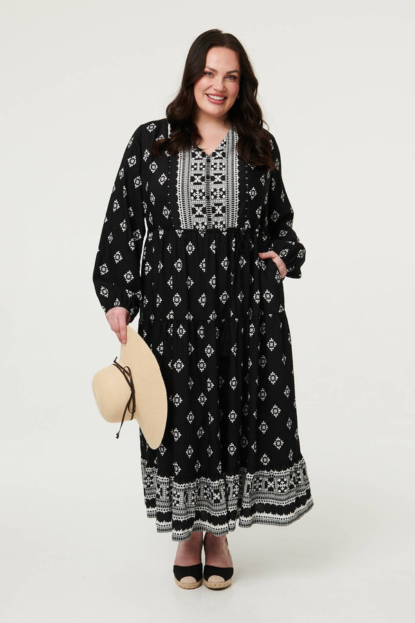 Black | Curve Printed Long Sleeve Maxi Dress
