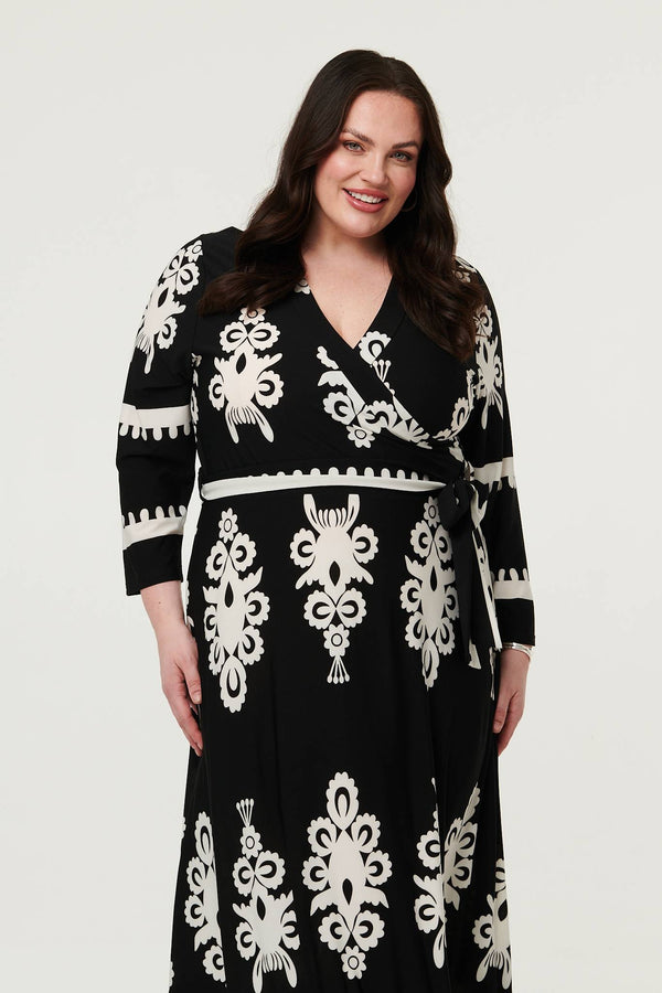 Black | Curve Ikat Print 3/4 Sleeve Wrap Maxi Dress