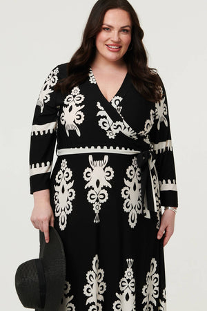 Black | Curve Ikat Print 3/4 Sleeve Wrap Maxi Dress