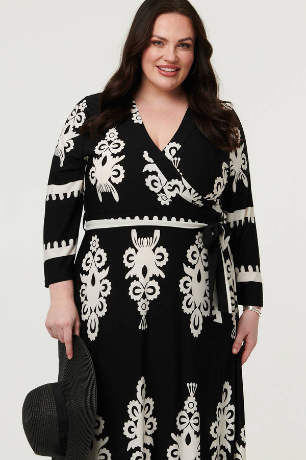 Black | Curve Ikat Print 3/4 Sleeve Wrap Maxi Dress