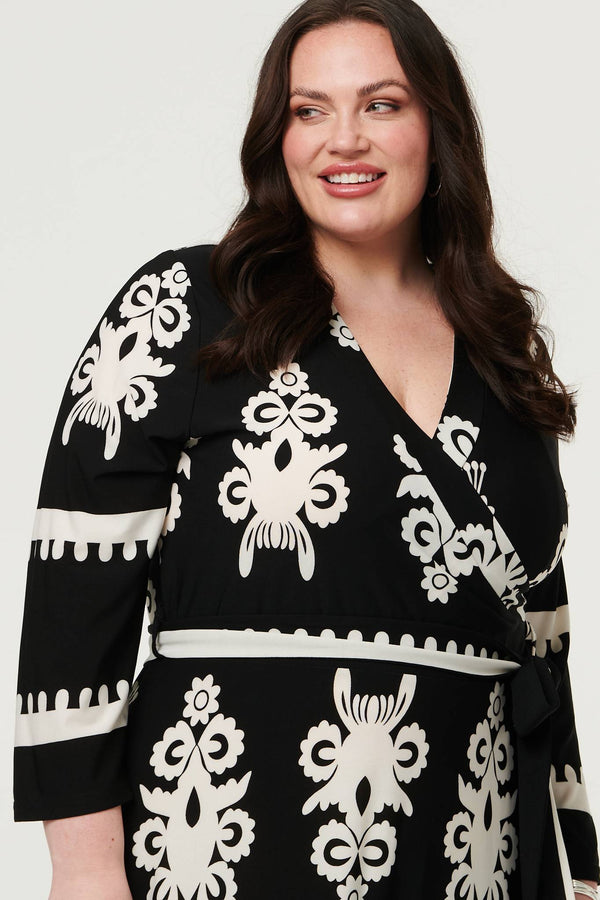 Black | Curve Ikat Print 3/4 Sleeve Wrap Maxi Dress