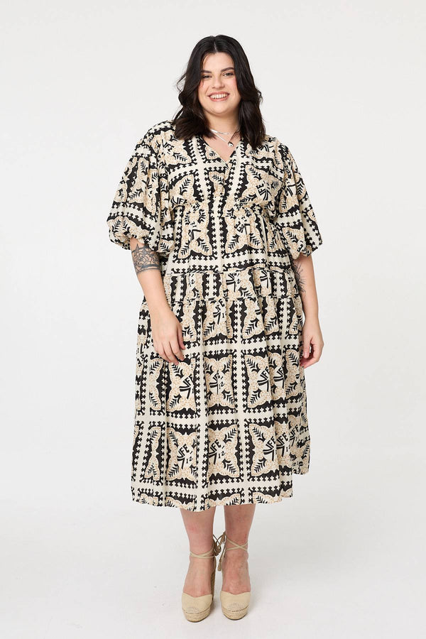 Black | Mosaic Print 1/2 Puff Sleeve Midi Dress
