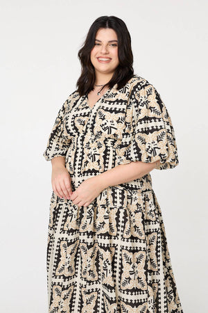 Black | Mosaic Print 1/2 Puff Sleeve Midi Dress
