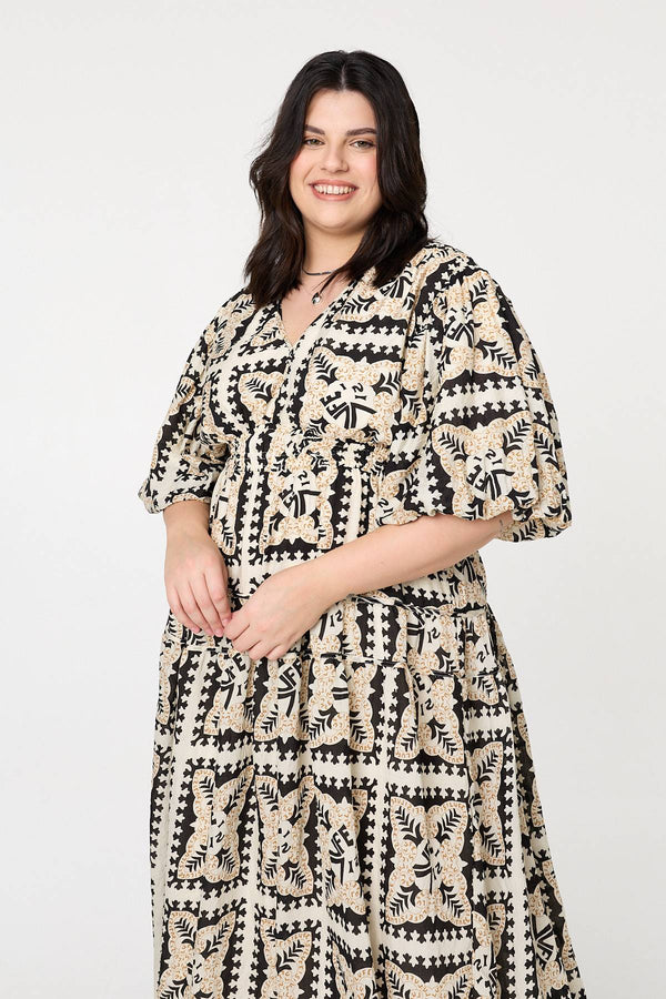 Black | Mosaic Print 1/2 Puff Sleeve Midi Dress
