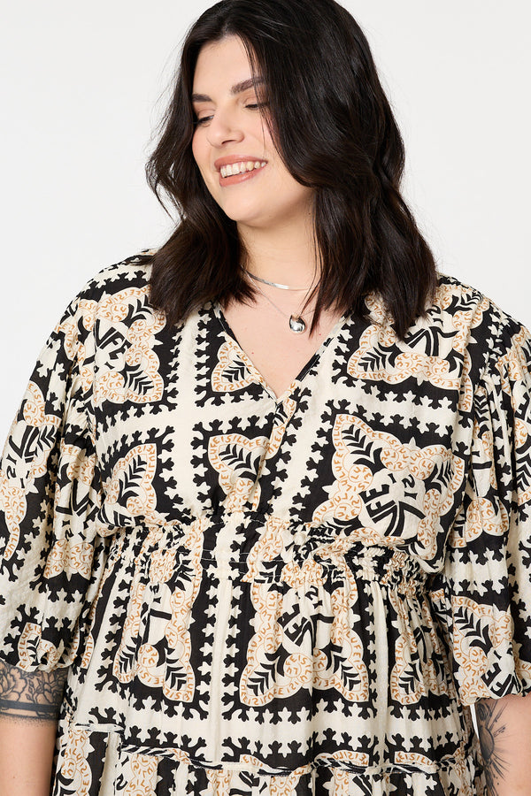 Black | Mosaic Print 1/2 Puff Sleeve Midi Dress
