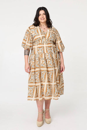 Mustard | Mosaic Print 1/2 Puff Sleeve Midi Dress
