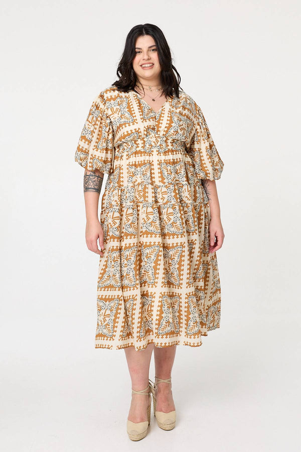Mustard | Mosaic Print 1/2 Puff Sleeve Midi Dress
