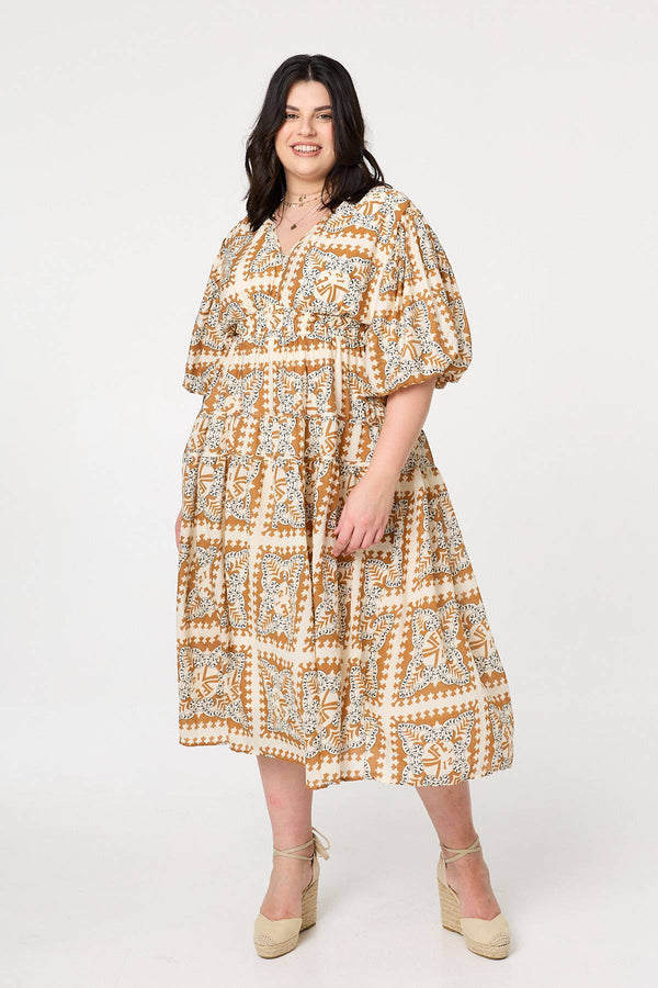 Mustard | Mosaic Print 1/2 Puff Sleeve Midi Dress
