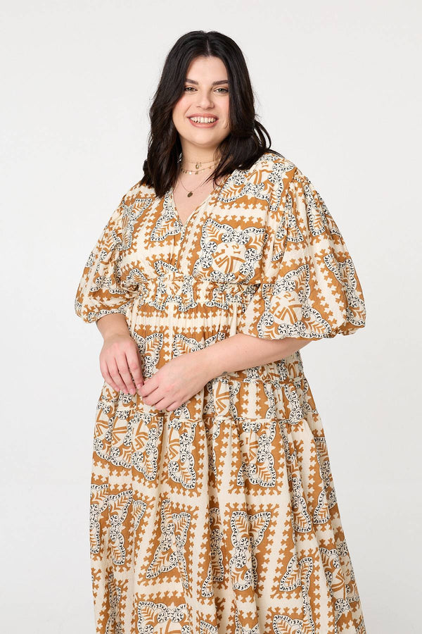 Mustard | Mosaic Print 1/2 Puff Sleeve Midi Dress
