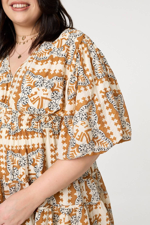 Mustard | Mosaic Print 1/2 Puff Sleeve Midi Dress
