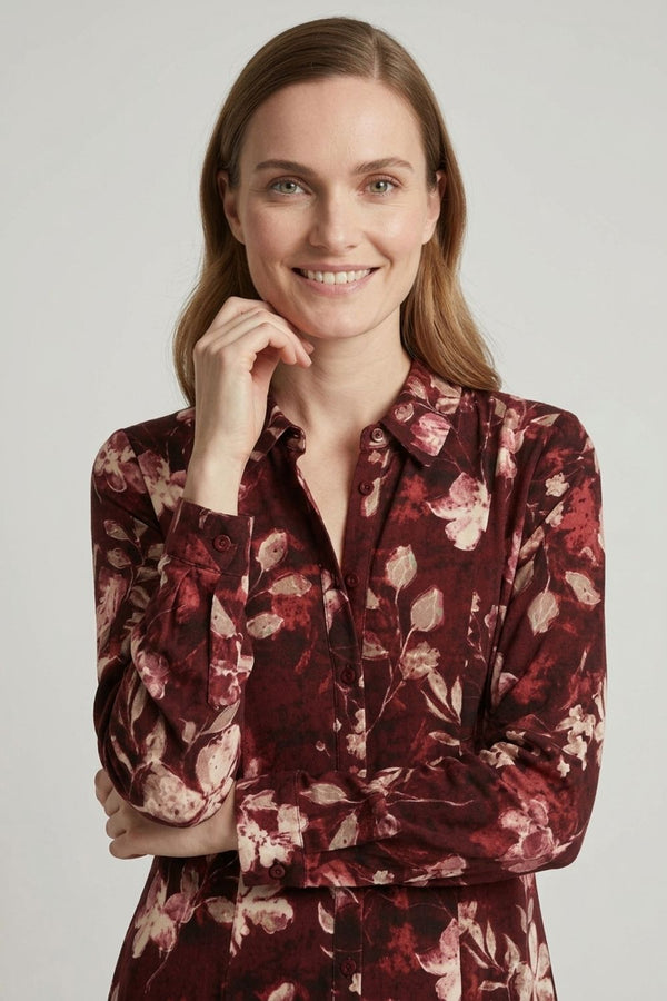 Red | Floral Long Sleeve Button-Up Midi Dress