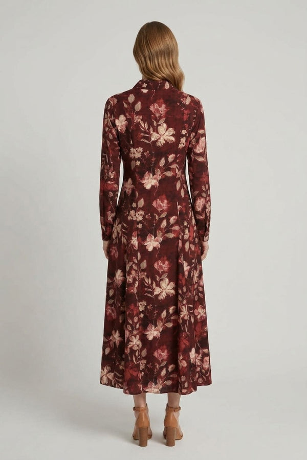 Red | Floral Long Sleeve Button-Up Midi Dress