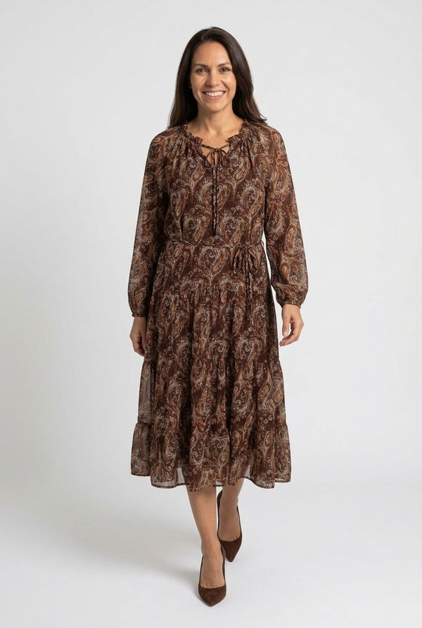 Brown | Abstract Long Sleeve Tiered Midi Dress