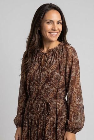 Brown | Abstract Long Sleeve Tiered Midi Dress