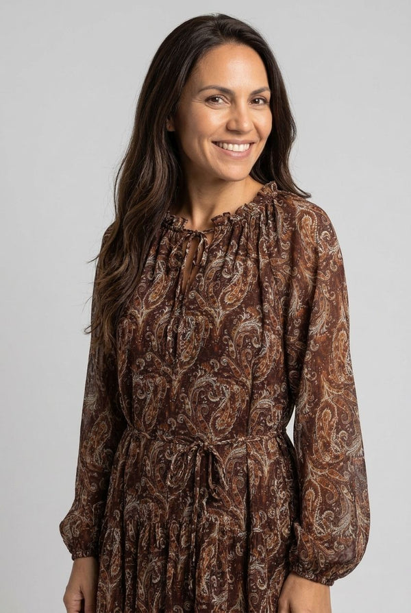 Brown | Abstract Long Sleeve Tiered Midi Dress