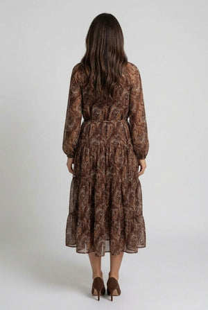 Brown | Abstract Long Sleeve Tiered Midi Dress