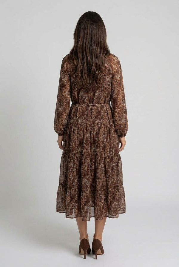 Brown | Abstract Long Sleeve Tiered Midi Dress