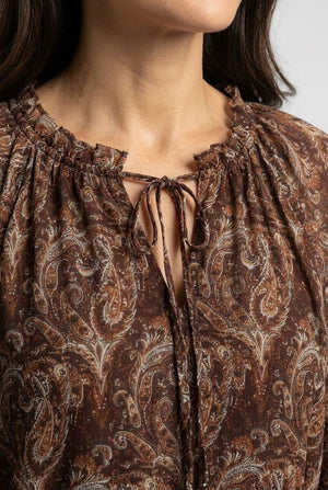 Brown | Abstract Long Sleeve Tiered Midi Dress