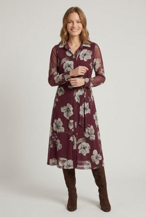 Red | Floral Sheer Layered Midi Shirt Dress