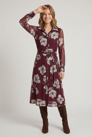Red | Floral Sheer Layered Midi Shirt Dress