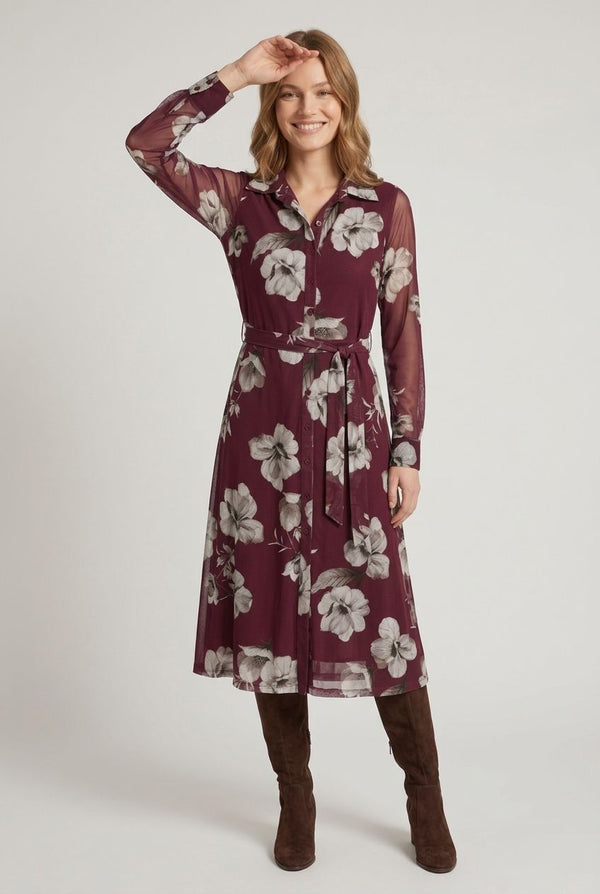 Red | Floral Sheer Layered Midi Shirt Dress