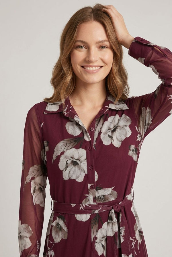 Red | Floral Sheer Layered Midi Shirt Dress