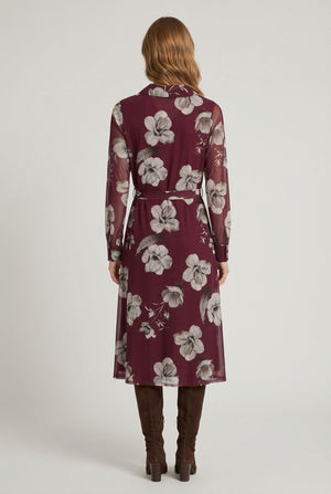 Red | Floral Sheer Layered Midi Shirt Dress