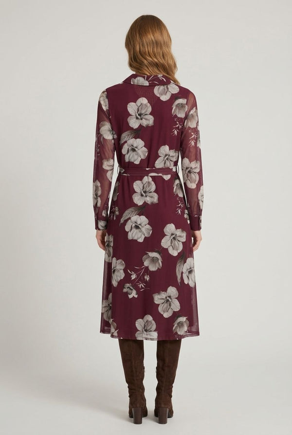 Red | Floral Sheer Layered Midi Shirt Dress