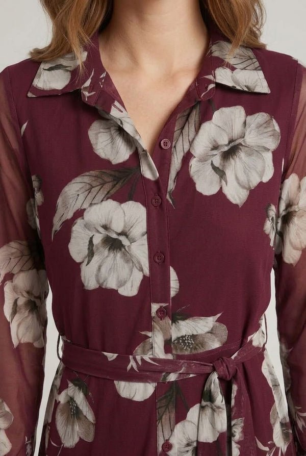 Red | Floral Sheer Layered Midi Shirt Dress