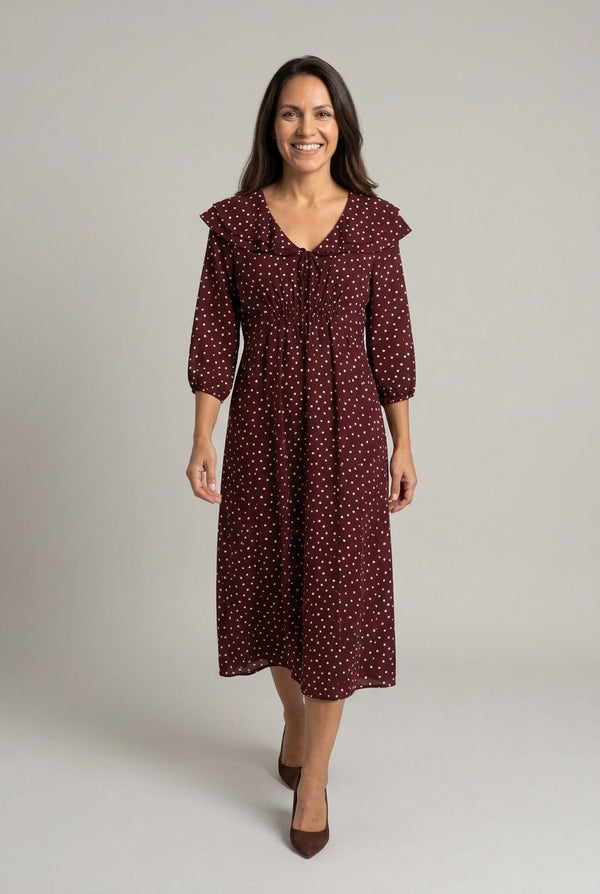 Red | Polka Dot Print Ruffled Midi Dress