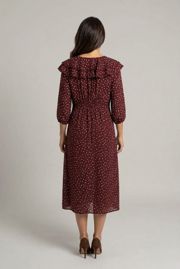 Red | Polka Dot Print Ruffled Midi Dress