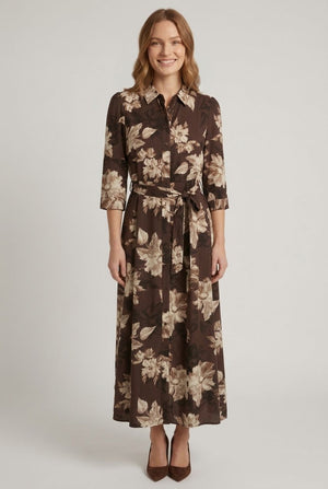Brown | Floral 3/4 Sleeve Tie Maxi Shirt Dress