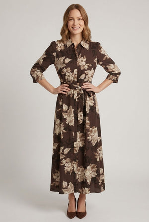 Brown | Floral 3/4 Sleeve Tie Maxi Shirt Dress