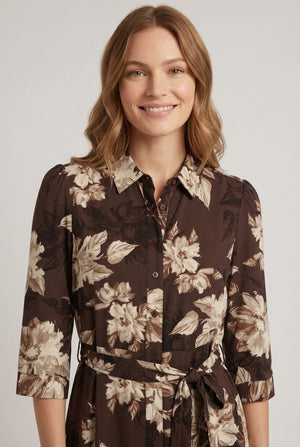 Brown | Floral 3/4 Sleeve Tie Maxi Shirt Dress
