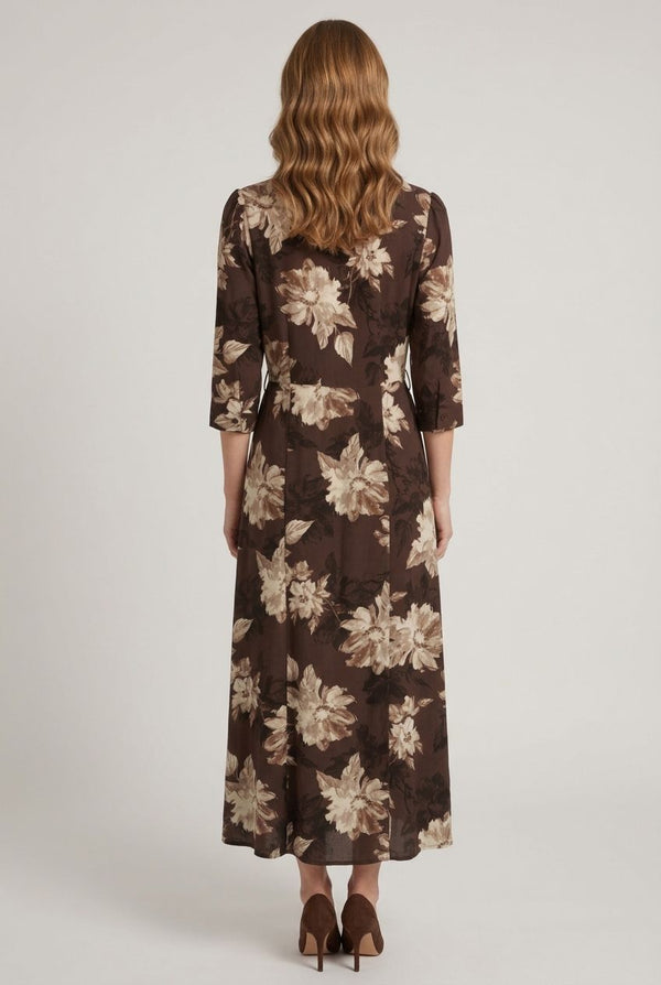 Brown | Floral 3/4 Sleeve Tie Maxi Shirt Dress